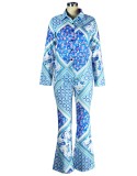 Spring Blue Print Ethic Elegant Blouse and Pants Two Piece Set
