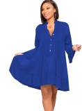 Spring Blue V-Neck Ruffles Casual Blouse Dress