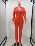 Spring Orange Deep-V Sexy Bustier Blazer and Pants Two Piece Set