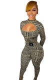 Winter Green Houndstooth Print Cut Out Bodycon Jumpsuit
