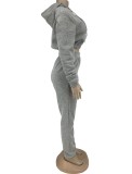 Spring Grey Letter Print Hoody Cropped Two Piece Sweatsuit