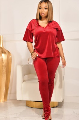 Spring Red Velvet V-Neck Casual Shirt and Pants Two Piece Set