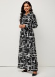 Spring Print Black A-line Full Sleeves Long Maxi Church Dress