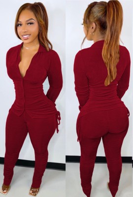 Spring Red Casual Ruched Strings Top and Pants Two Piece Set