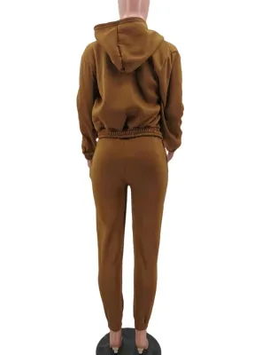 Winter Brown Thick Hooded Three Piece Pants Tracksuit