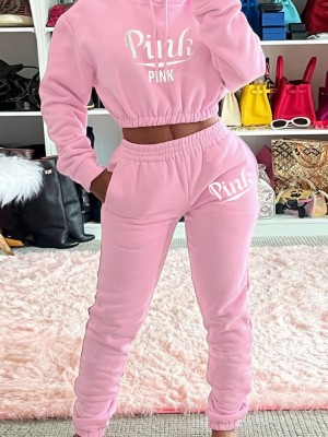 Spring Pink Print Letter Hoody Cropped Two Piece Sweatsuit