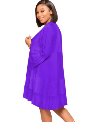 Spring Purple V-Neck Ruffles Casual Blouse Dress
