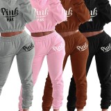 Spring Pink Print Letter Hoody Cropped Two Piece Sweatsuit