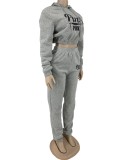 Spring Grey Letter Print Hoody Cropped Two Piece Sweatsuit