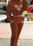 Spring Brown Letter Print Hoody Cropped Two Piece Sweatsuit