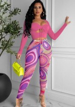 Spring Rose Sexy Sheer Crop Top and Print Legging Two Piece Set