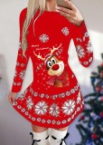 Winter Red Print O-Neck Christmas Skater Dress