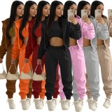 Winter Pink Thick Hooded Three Piece Pants Tracksuit