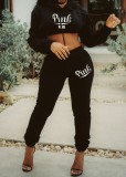 Spring Black Letter Print Hoody Cropped Two Piece Sweatsuit