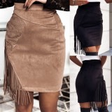 Winter Brown Velvet High Waist Fringe Mini Skirt