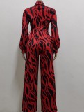 Spring Red Print Long Sleeve Elegant High Waist Jumpsuit