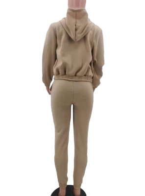 Winter Khaki Thick Hooded Three Piece Pants Tracksuit