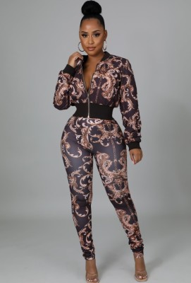 Spring Print Casual Enthic Crop Top and Pants Two Piece Set