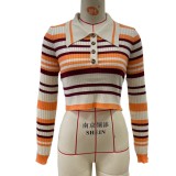 Spring Multi-color Striped Print Knitting Long Sleeve Crop Top