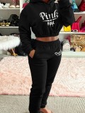 Spring Black Letter Print Hoody Cropped Two Piece Sweatsuit
