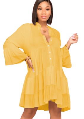 Spring Yellow V-Neck Ruffles Casual Blouse Dress