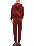 Winter Burgunry Thick Hooded Three Piece Pants Tracksuit