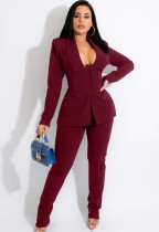 Spring Burgunry Deep-V Sexy Bustier Blazer and Pants Two Piece Set