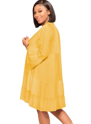 Spring Yellow V-Neck Ruffles Casual Blouse Dress