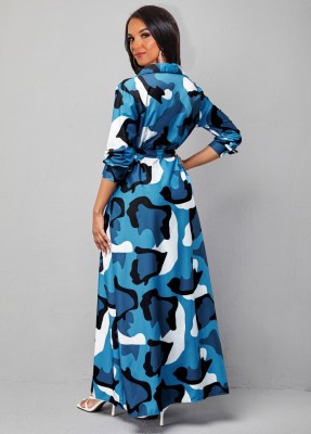 Spring Print Blue A-line Full Sleeves Long Maxi Church Dress