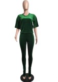 Spring Green Velvet V-Neck Casual Shirt and Pants Two Piece Set