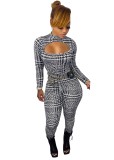 Winter Black Houndstooth Print Cut Out Bodycon Jumpsuit