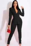 Spring Black Deep-V Sexy Bustier Blazer and Pants Two Piece Set