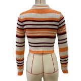 Spring Multi-color Striped Print Knitting Long Sleeve Crop Top