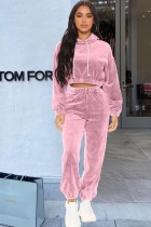 Spring Pink Hoody Cropped Velvet Two Piece Sweatsuit