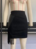 Winter Black Velvet High Waist Fringe Mini Skirt