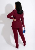 Spring Burgunry Deep-V Sexy Bustier Blazer and Pants Two Piece Set