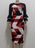 Spring Color Block Geommetric O-Neck Formal Midi Dress