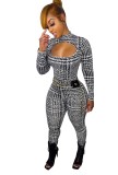Winter Black Houndstooth Print Cut Out Bodycon Jumpsuit