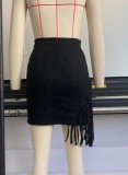 Winter Black Velvet High Waist Fringe Mini Skirt