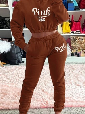 Spring Brown Letter Print Hoody Cropped Two Piece Sweatsuit
