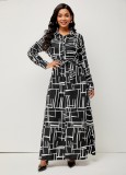 Spring Print Black A-line Full Sleeves Long Maxi Church Dress