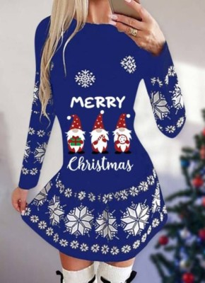Winter Blue Print O-Neck Christmas Skater Dress