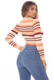 Spring Multi-color Striped Print Knitting Long Sleeve Crop Top