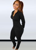 Spring Black Casual Ruched Strings Top and Pants Two Piece Set