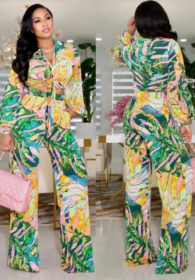 Spring Green Print Ethic Knotted Blouse and Pants Two Piece Set