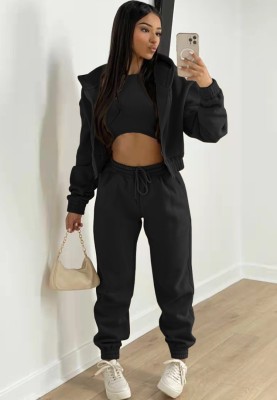 Winter Black Thick Hooded Three Piece Pants Tracksuit