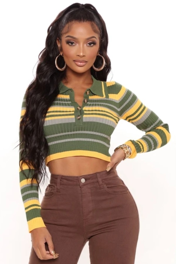 Spring Multi-color Striped Print Knitting Long Sleeve Crop Top