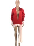 Spring Red Color Block Deep-V Sexy Patch Blouse