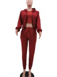 Winter Burgunry Thick Hooded Three Piece Pants Tracksuit