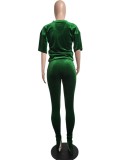 Spring Green Velvet V-Neck Casual Shirt and Pants Two Piece Set